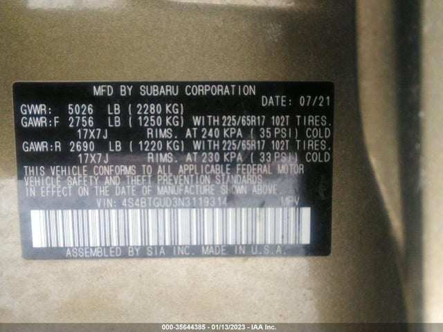 2022 Subaru Outback, VIN: 4S4BTGUD3N3119314