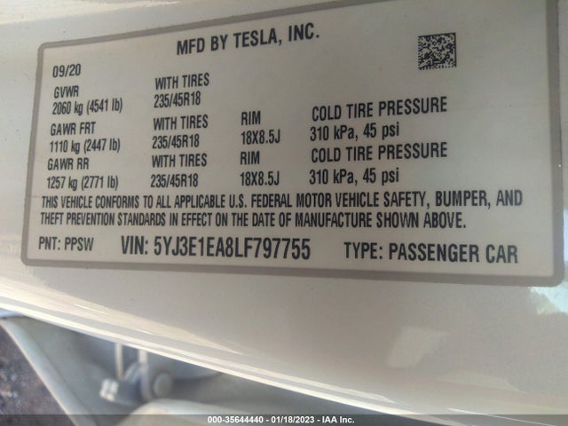 Tesla MODEL 3 2020 5YJ3E1EA8LF797755 Image 10