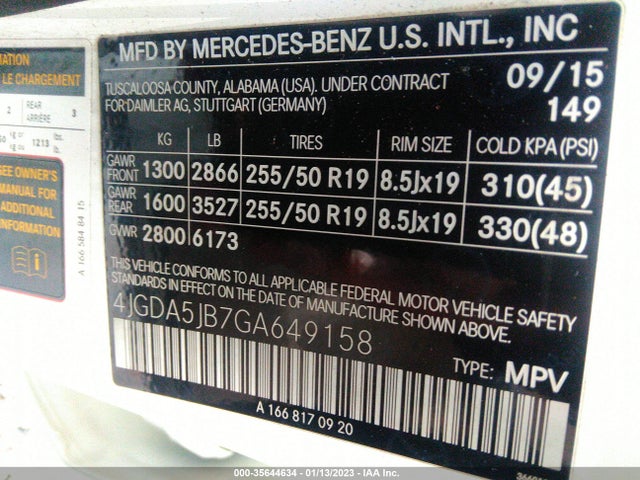 2016 Mercedes-Benz GLE-Class, VIN: 4JGDA5JB7GA649158