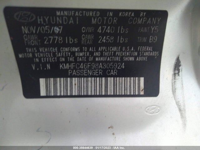 2008 HYUNDAI AZERA LIMITED VIN: KMHFC46F98A305924