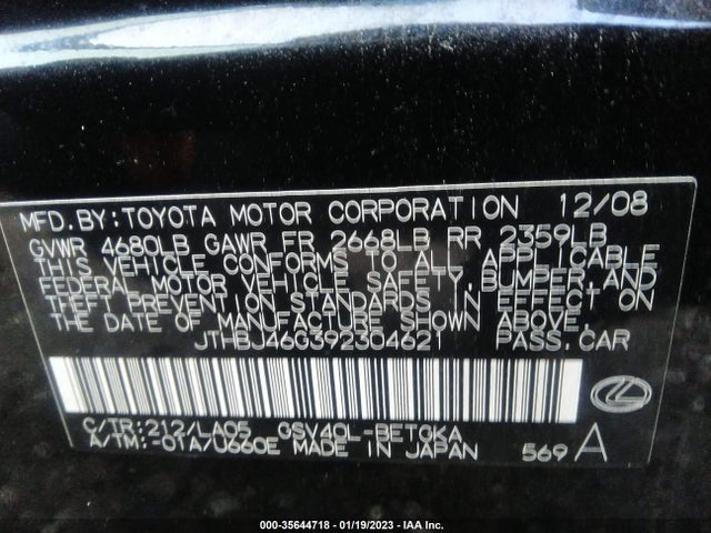 2009 LEXUS ES 350 VIN: JTHBJ46G392304621