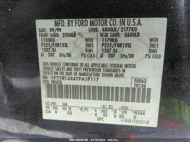 2000 FORD RANGER XLT VIN: 1FTYR14X4YPA17117