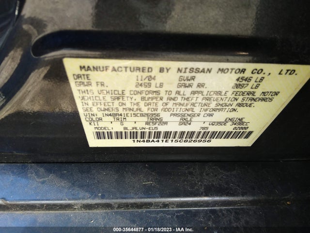 2005 NISSAN MAXIMA 3.5 SL VIN: 1N4BA41E15C826956