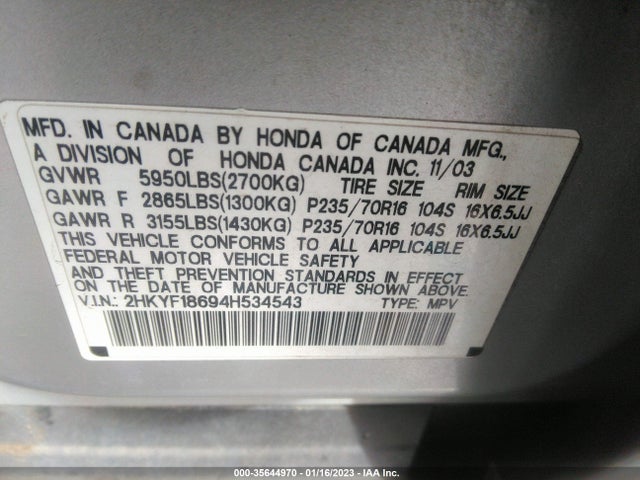 2004 HONDA PILOT EX VIN: 2HKYF18694H534543