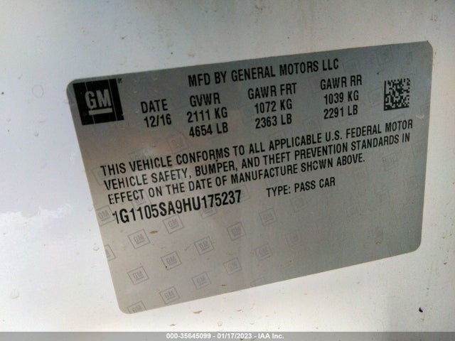 Chevrolet IMPALA LT 2017 1G1105SA9HU175237 Image 9