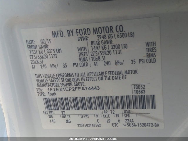 2015 FORD F-150 XLT/XL/LARIAT VIN: 1FTEX1EP2FFA74443