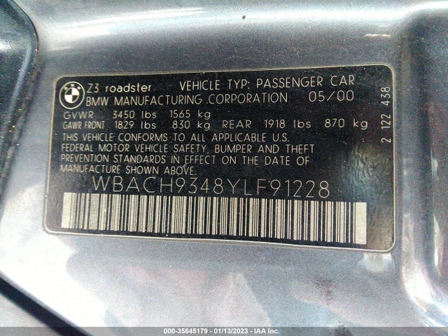 2000 BMW Z3 2.5L VIN: WBACH9348YLF91228
