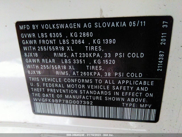 WVGFK9BP7BD007392 Volkswagen Touareg Sport