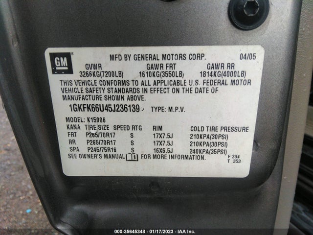 GMC YUKON XL DENALI 2005 1GKFK66U45J236139 Image 10