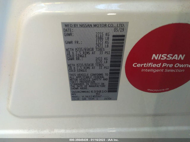 2019 Nissan Pathfinder, VIN: 5N1DR2MMXKC639810
