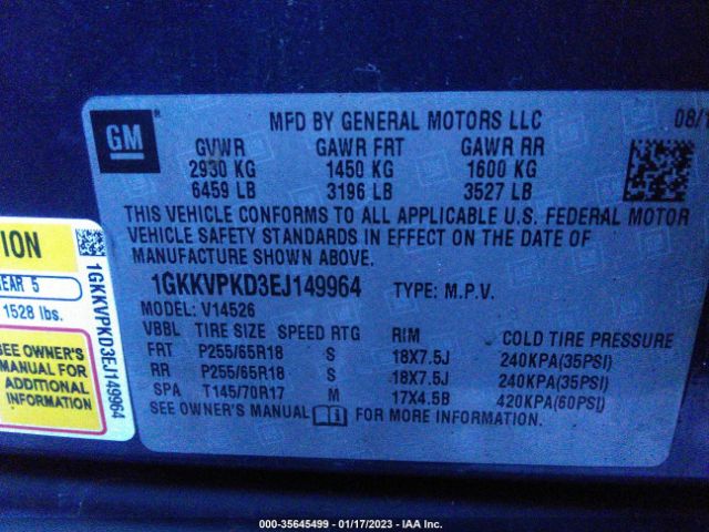 1GKKVPKD3EJ149964 GMC ACADIA SLE