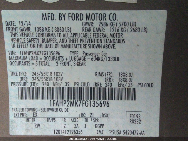 2015 Ford Taurus, VIN: 1FAHP2MK7FG135696