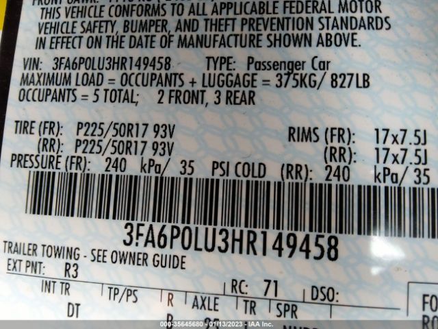 3FA6P0LU3HR149458 Ford Fusion Hybrid Se