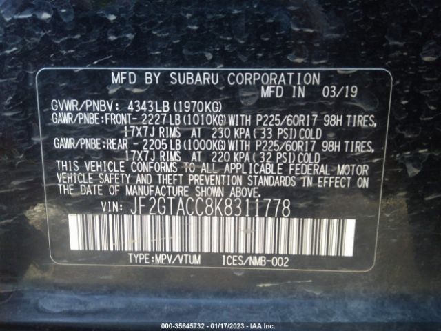 JF2GTACC8K8311778 Subaru Crosstrek Premium