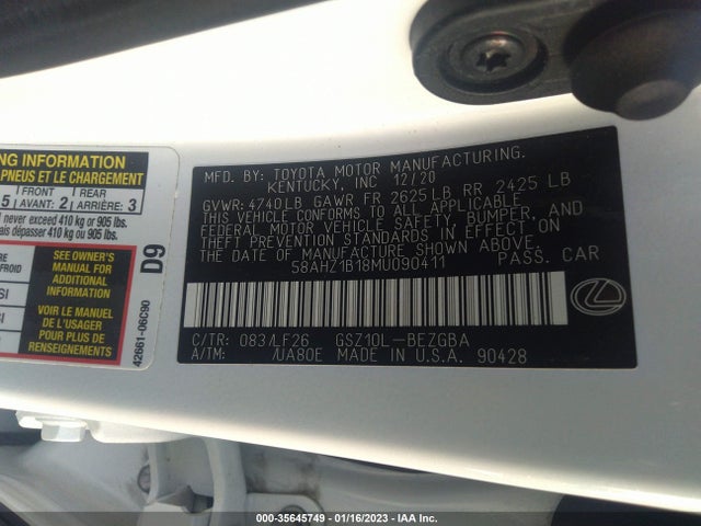 2021 LEXUS ES ES 350 F SPORT VIN: 58AHZ1B18MU090411