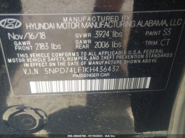 2019 Hyundai Elantra, VIN: 5NPD74LF1KH436432