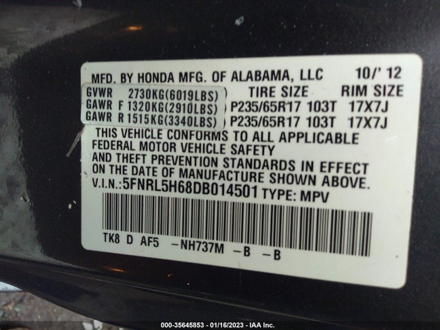 2013 HONDA ODYSSEY EX-L VIN: 5FNRL5H68DB014501