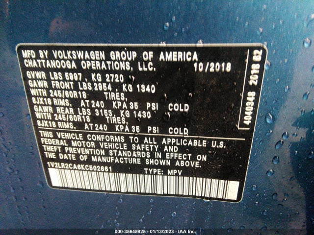 2019 Volkswagen Atlas, VIN: 1V2LR2CA6KC502661