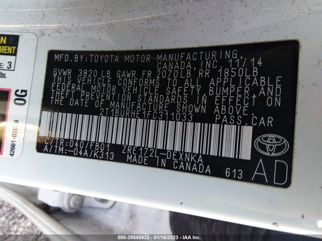 2015 Toyota Corolla, VIN: 2T1BURHE1FC311033