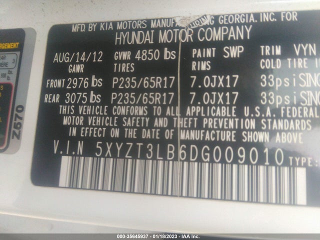 2013 HYUNDAI SANTA FE SPORT VIN: 5XYZT3LB6DG009010