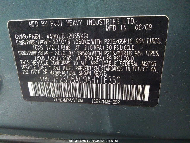 2010 SUBARU FORESTER 2.5X VIN: JF2SH6AC9AH716350