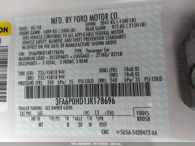 2018 Ford Fusion, VIN: 3FA6P0HD1JR178696