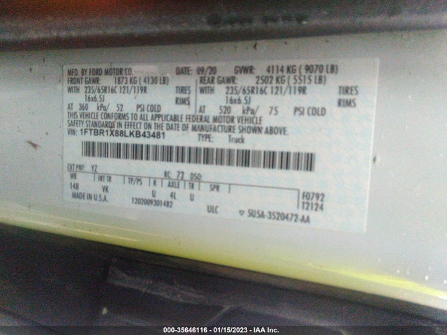 2020 Ford Transit, VIN: 1FTBR1X88LKB43481