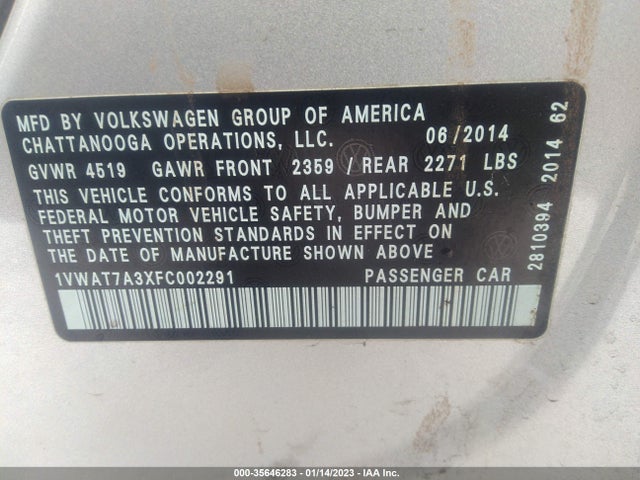 1VWAT7A3XFC002291 Volkswagen Passat 1.8t Wolfsburg Ed