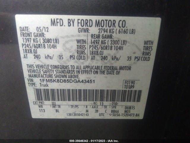 2013 FORD EXPLORER XLT VIN: 1FM5K8D85DGA43451