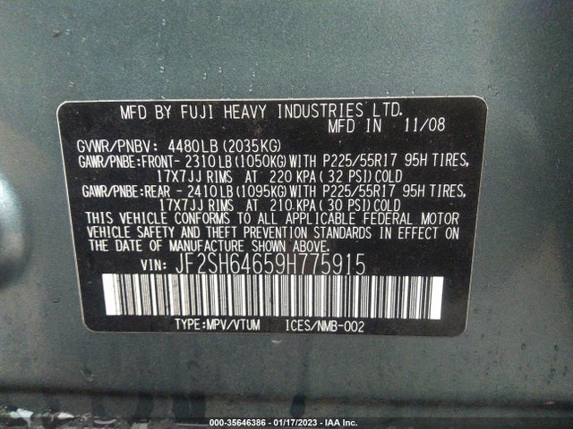 2009 SUBARU FORESTER X LIMITED VIN: JF2SH64659H775915