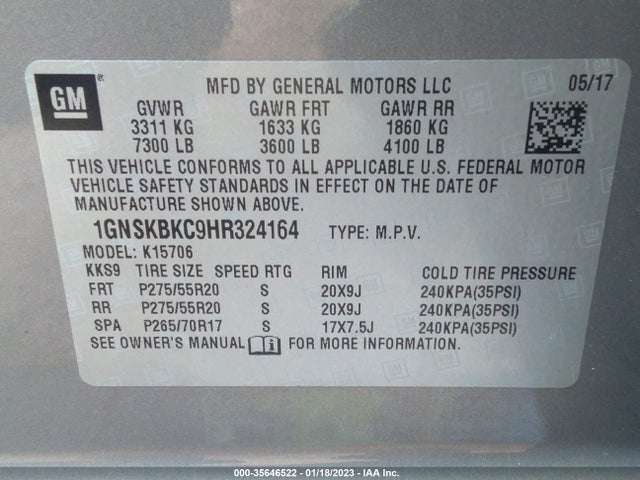 2017 Chevrolet Tahoe, VIN: 1GNSKBKC9HR324164