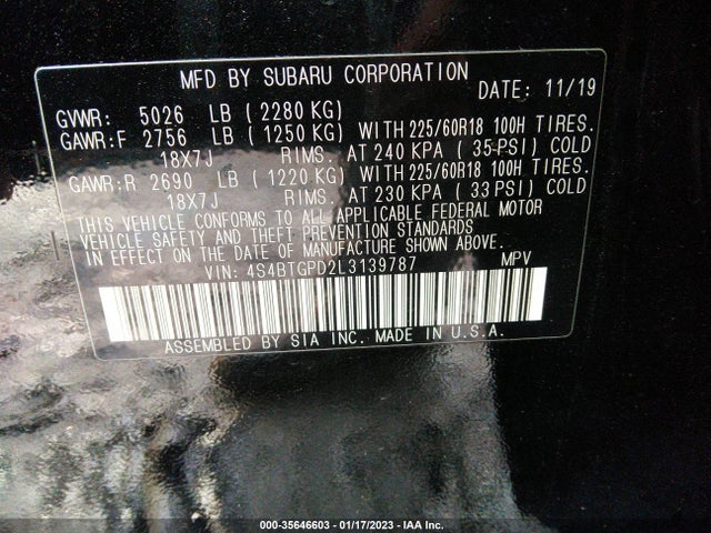2020 Subaru Outback, VIN: 4S4BTGPD2L3139787