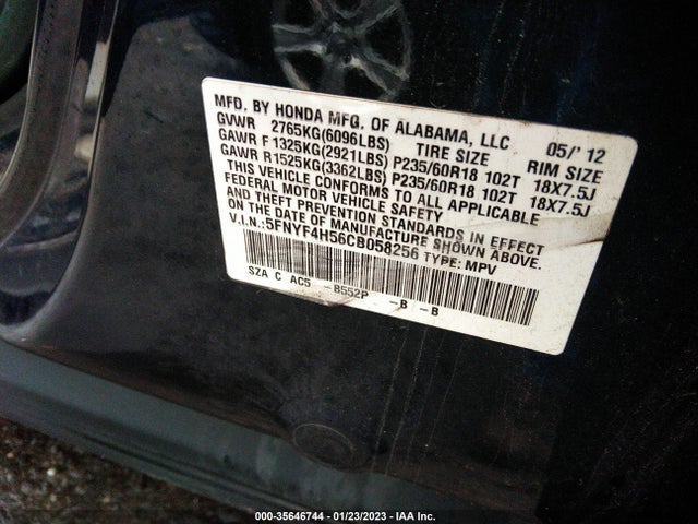 2012 HONDA PILOT EX-L VIN: 5FNYF4H56CB058256