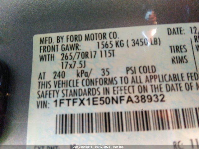 2022 Ford F-150, VIN: 1FTFX1E50NFA38932