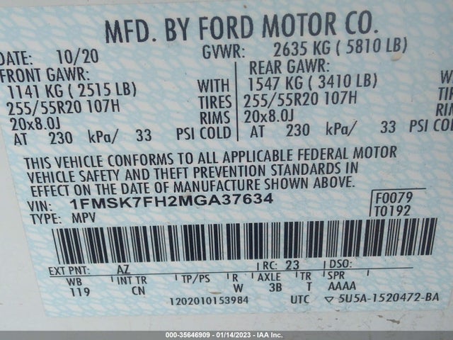 2021 Ford Explorer, VIN: 1FMSK7FH2MGA37634