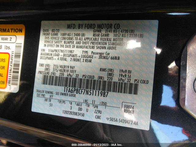 2022 Ford Mustang, VIN: 1FA6P8CF7N5111987