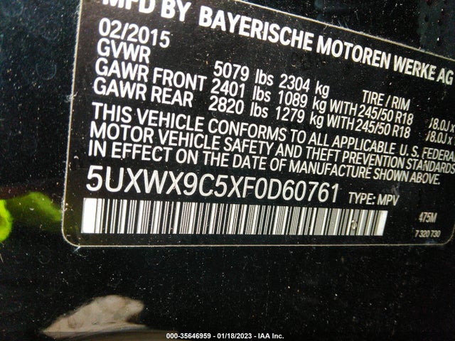 BMW X3 Xdrive28i 2015 5UXWX9C5XF0D60761 Image 9