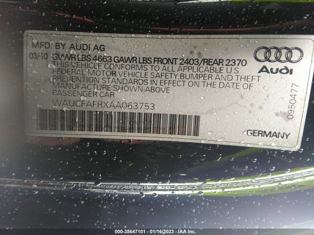 2010 AUDI A5 2.0L PREMIUM VIN: WAUCFAFRXAA063753