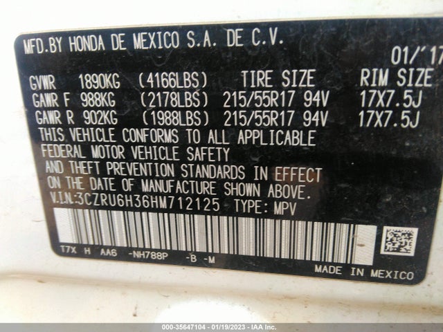 2017 HONDA HR-V LX VIN: 3CZRU6H36HM712125