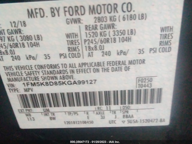 2019 Ford Explorer, VIN: 1FM5K8D85KGA99127