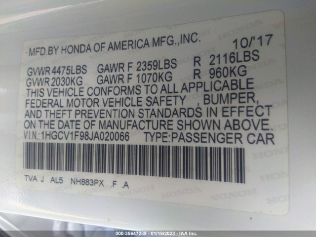 2018 HONDA ACCORD SEDAN TOURING 1.5T VIN: 1HGCV1F98JA020066
