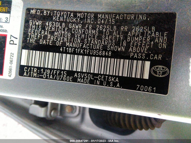 2015 TOYOTA CAMRY XLE/SE/LE/XSE VIN: 4T1BF1FK1FU956848