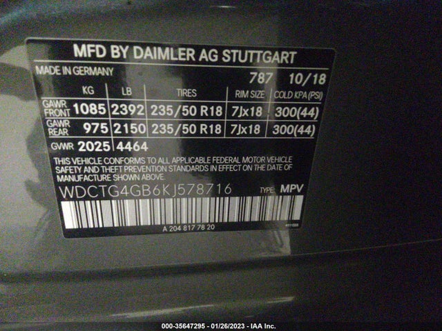 2019 Mercedes-Benz GLA-Class, VIN: WDCTG4GB6KJ578716