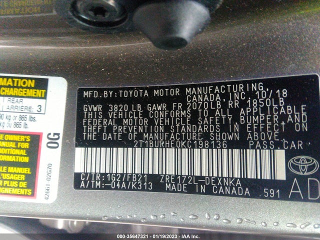 2019 TOYOTA COROLLA L/LE/SE/XLE/XSE VIN: 2T1BURHE0KC198136