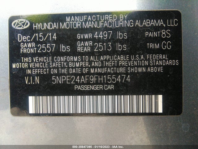 2015 HYUNDAI SONATA 2.4L SE VIN: 5NPE24AF9FH155474