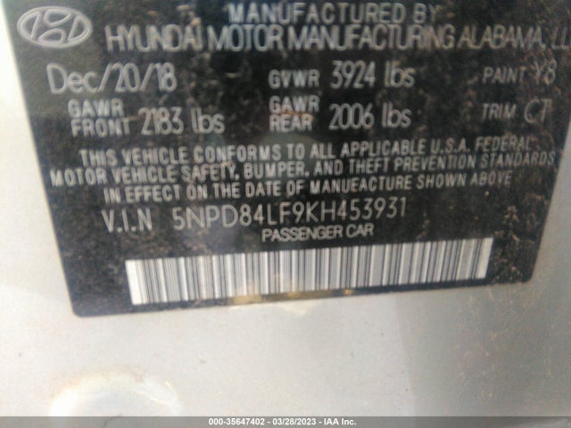 2019 HYUNDAI ELANTRA SEL VIN: 5NPD84LF9KH453931