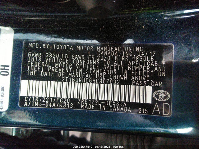 2017 TOYOTA COROLLA SE VIN: 2T1BURHE6HC907032