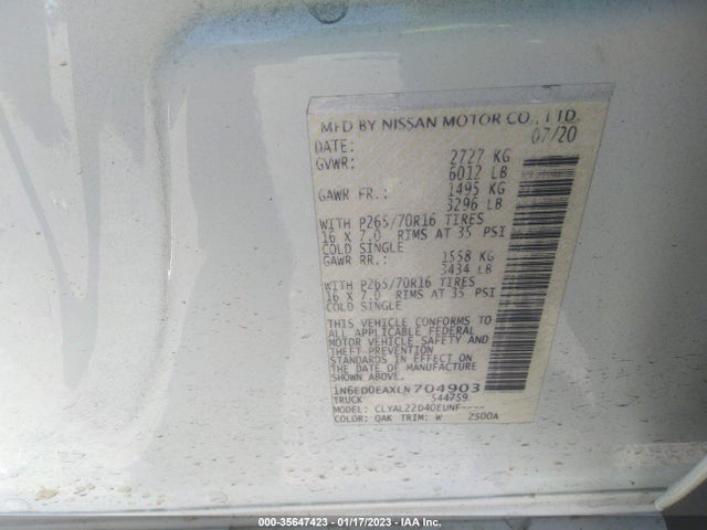 2020 Nissan Frontier, VIN: 1N6ED0EAXLN704903