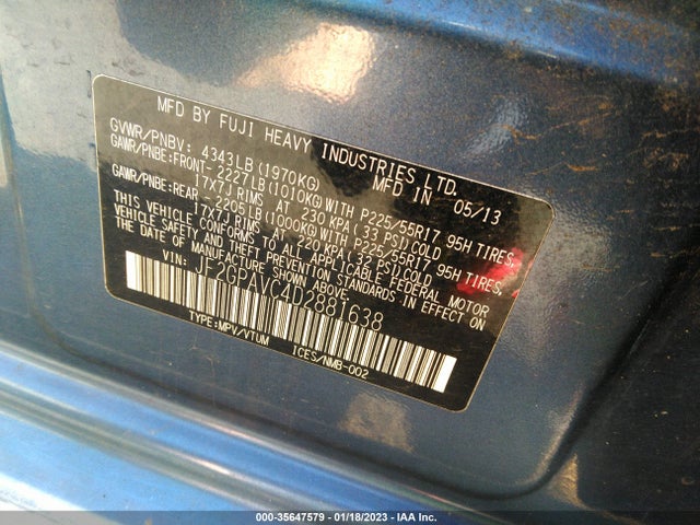 2013 SUBARU XV CROSSTREK PREMIUM VIN: JF2GPAVC4D2881638