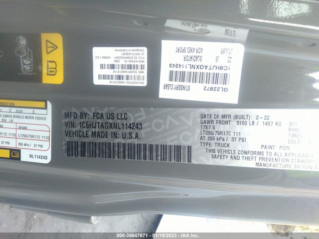 2022 Jeep Gladiator, VIN: 1C6HJTAGXNL114243